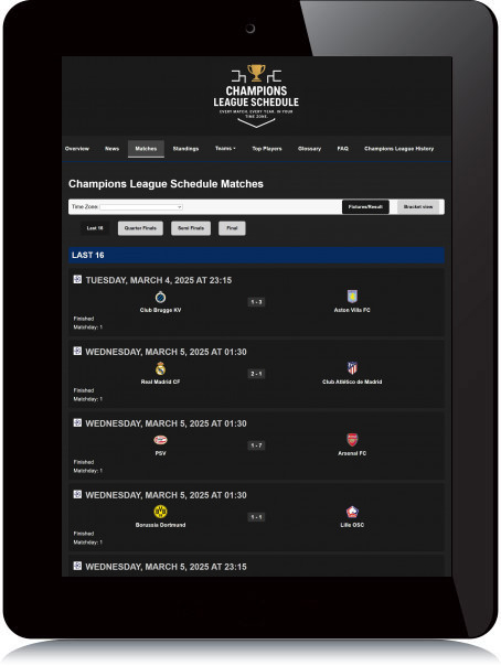 Tablet Screenshot of Champions League Schedule
