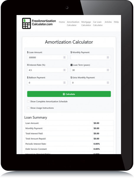 Tablet Screenshot of Free Amortization Calculator